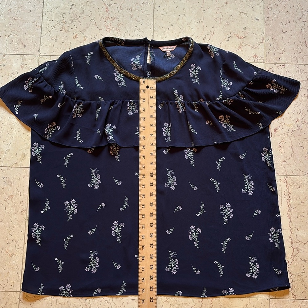 Juicy Couture shawl top blouse dk blue with flowers size XXL